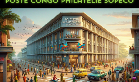 A horizontal, full-width image depicting La Poste du Congo Philatélie - SOPECO Congo building, ensuring the entire scene occupies the entire field without cropping the sides. This scene is bustling with local Congolese life, including people in a mix of traditional and contemporary clothing, engaging in various activities such as walking, conversing, and interacting with the surroundings. There are several local vehicles, including cars and motorcycles, indicative of a vibrant urban environment. Additionally, a prominent Congolese flag is visible, symbolizing national pride. In the foreground or sky of the image, the URL 'https://www.cryptostampstop.com/' is subtly integrated, adding a modern digital element to the traditional scene. The building itself showcases a mix of modern and traditional African architectural styles, with distinctive features such as a flat roof, large windows, and the entrance clearly marked with 'La Poste du Congo Philatélie - SOPECO Congo'.