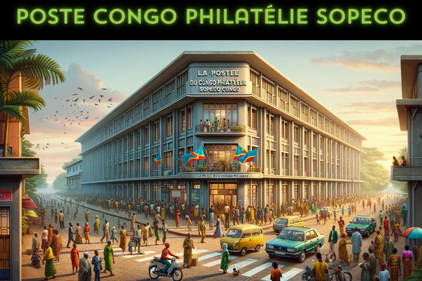 A horizontal, full-width image depicting La Poste du Congo Philatélie - SOPECO Congo building, ensuring the entire scene occupies the entire field without cropping the sides. This scene is bustling with local Congolese life, including people in a mix of traditional and contemporary clothing, engaging in various activities such as walking, conversing, and interacting with the surroundings. There are several local vehicles, including cars and motorcycles, indicative of a vibrant urban environment. Additionally, a prominent Congolese flag is visible, symbolizing national pride. In the foreground or sky of the image, the URL 'https://www.cryptostampstop.com/' is subtly integrated, adding a modern digital element to the traditional scene. The building itself showcases a mix of modern and traditional African architectural styles, with distinctive features such as a flat roof, large windows, and the entrance clearly marked with 'La Poste du Congo Philatélie - SOPECO Congo'.