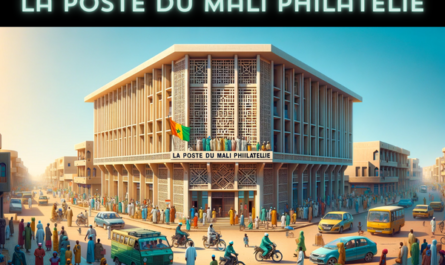 A horizontal, full-field image of La Poste du Mali Philatélie building, including local people, vehicles, and the Malian flag. The building embodies a blend of modern and traditional Malian architectural styles, featuring geometric patterns and a flat roof. The entrance is distinct with a sign reading 'La Poste du Mali Philatélie'. The lively street scene captures the essence of Mali, with local people in a mix of traditional and modern attire, engaging in daily activities. Various local vehicles, like motorcycles and cars, are visible, adding a dynamic feel. The Malian flag is prominently displayed, reflecting national pride. The background is a typical urban setting in Mali, with clear skies and vibrant colors.