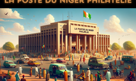 A horizontal image depicting La Poste du Niger Philatélie building, with local people, vehicles, and the Nigerien flag. The building reflects a blend of modern and Sahelian architectural styles, characterized by its flat roof and earth-toned walls. The scene is vibrant with local Nigerien people in a mix of traditional and contemporary attire, engaged in various activities like walking, talking, and interacting near the building. The street is animated with typical local vehicles such as small cars and motorbikes. Prominently displayed is the Nigerien flag, either on a flagpole or attached to the building, symbolizing national pride. The sky is clear, highlighting the lively and colorful atmosphere of a typical day in Niger.