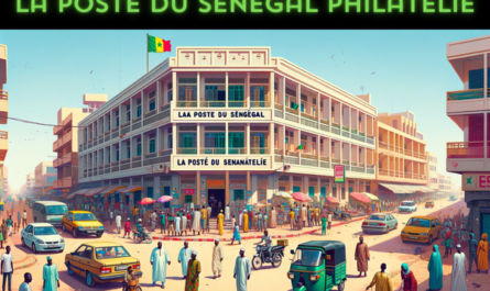 A horizontal image depicting La Poste du Sénégal Philatélie, with local people, vehicles, and the Senegalese flag. The scene is vibrant, reflecting the lively atmosphere of a Senegalese city. The building is a blend of modern and traditional African architectural styles, with colorful facades and a flat roof. People in a mix of traditional Senegalese and modern attire are seen engaging in daily activities, some walking by or conversing near the building. The streets are bustling with local vehicles like cars and motorcycles, typical of an urban setting in Senegal. Prominently displayed is the Senegalese flag, either on a flagpole or attached to the building, adding a sense of national identity to the scene. The sky is clear, offering a bright backdrop to the lively street view.