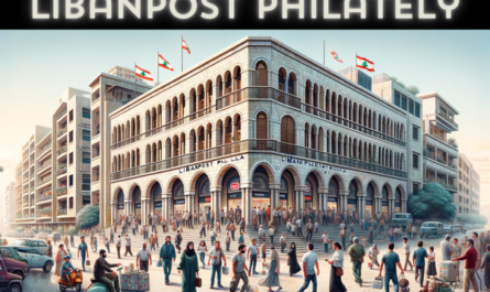 A full horizontal image of the LibanPost Philately building in Lebanon, without cropping the sides. The scene is bustling with local Lebanese life. People are dressed in a mix of traditional Lebanese attire and modern clothing, reflecting the cultural diversity of Lebanon. They are seen walking, talking, and conducting their daily routines around the building. The streets are filled with typical Lebanese vehicles, such as cars and scooters, adding a sense of liveliness. The Lebanese flag is prominently displayed, either on a flagpole or attached to the building, showcasing national pride. The architecture of the LibanPost Philately building combines modern design with traditional Lebanese elements, featuring a stone facade and arched windows.