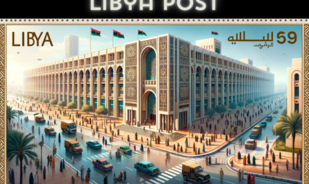 A horizontal, full-width image of the Libya Post building, part of the General Posts and Telecommunications Company Philatelic. The scene is set in an urban area of Libya, showcasing a modern building with a blend of Mediterranean and Islamic architectural influences. It's a spacious, multi-story structure with prominent arches and geometric patterns. The scene is lively with local Libyan people in a mix of traditional and contemporary attire, indicative of Libya's rich cultural heritage. They are seen walking, talking, and engaging in activities around the building. Streets are filled with local vehicles like cars and scooters. A Libyan flag is prominently displayed, either on a flagpole or on the building, adding a touch of national identity to the scene. The overall image captures the essence of Libyan urban life and architecture.