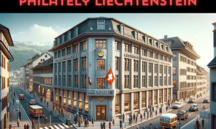 A full horizontal image of the Liechtensteinische Post Philatelie building, showcasing the entire scene without cropping the sides. The building reflects a blend of modern European architecture with traditional Liechtenstein influences. It's a medium-sized, two-story structure with clean lines, large windows, and a distinctive entrance marked with the sign 'Philately Liechtenstein'. The scene is bustling with local Liechtensteiners in various attire, some in business suits and others in casual wear, reflecting a typical day in Liechtenstein. The streets are lined with European-style vehicles like cars and bicycles. Prominently featured is the flag of Liechtenstein, either flying on a flagpole or displayed on the building, adding a touch of national pride. The setting is urban, with clear skies and well-maintained surroundings.