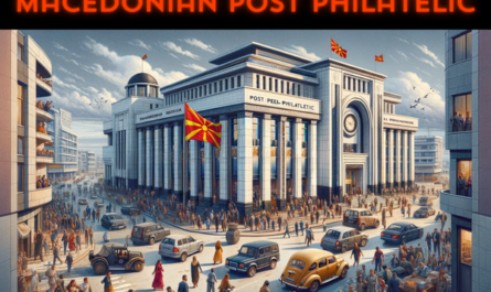 A horizontal image of the Macedonian Post Philatelic building in North Macedonia, bustling with local people and vehicles. The scene depicts a lively urban setting with local Macedonians, some in traditional dress and others in contemporary attire, walking and engaging near the building. People are seen entering and exiting the building, and others are conversing nearby. The streets around the building are filled with typical Macedonian vehicles like cars and scooters, adding to the urban atmosphere. The Macedonian flag is displayed prominently, either on a flagpole or on the building itself, symbolizing national pride. The architecture of the building blends modern and traditional Macedonian styles, with a balanced mix of stone and glass, under a clear blue sky.