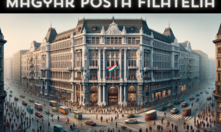 A full horizontal image of the Magyar Posta Filatelia building in Hungary, encompassing the entire field without cropping the sides. The building reflects a blend of classic Hungarian architectural style with modern elements. It is a large, elegant structure with ornate facades, large windows, and a prominent entrance. The scene is lively with Hungarian people in a mix of traditional and contemporary attire, indicating the cultural diversity of Hungary. They are walking, conversing, and engaging in daily activities near the building. The streets are busy with typical Hungarian vehicles like cars and bicycles. Prominently displayed is the Hungarian flag, either on a flagpole or attached to the building, symbolizing national pride. The image captures the essence of urban life in Hungary.