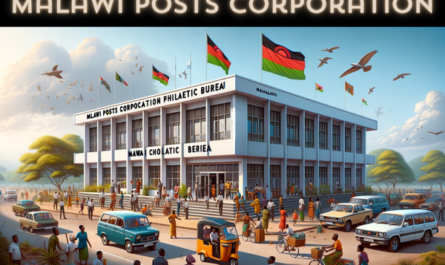 A full horizontal image of the Malawi Posts Corporation Philatelic Bureau building in Malawi, inclusive of local people, vehicles, and the national flag. The building showcases a modern African architectural style, with a simple yet elegant facade, large windows, and a flat roof. It's a medium-sized, single-story structure with the name 'Malawi Posts Corporation Philatelic Bureau' clearly visible. The scene is vibrant with Malawian people in a mix of traditional and contemporary attire, going about their daily lives. Local vehicles, like cars and bicycles, are present on the street, adding to the liveliness. Prominently featured is the Malawian flag, either flying on a flagpole or displayed on the building, contributing to the national identity of the scene.