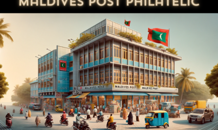 A horizontal, full-frame image of the Maldives Post Philatelic building in the Maldives, including local people, vehicles, and a Maldivian flag. The scene captures the essence of a bustling Maldivian street. The building reflects a modern tropical architectural style, with large windows and bright, inviting colors. Local people in both traditional and contemporary attire are seen walking, conversing, and engaging in daily activities near the building. The street is lined with typical Maldivian vehicles like scooters and compact cars. The Maldivian flag is prominently displayed, adding a patriotic touch to the lively scene. The sky is clear and sunny, typical of the Maldives' tropical climate.