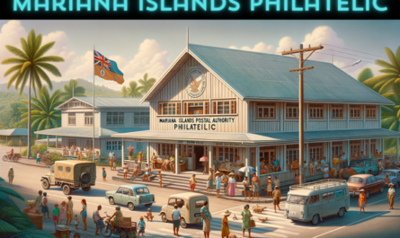 A horizontal image of the Mariana Islands Postal Authority Philatelic building in the Northern Mariana Islands, including local people, vehicles, and the flag. The building showcases a Pacific Island architectural style with light-colored walls, wooden accents, and a sloped roof. The surrounding area is lively with local residents and tourists in tropical attire. People are seen walking, chatting, and enjoying the island atmosphere. Various vehicles, typical of the islands such as small cars and scooters, are visible on the street. The flag of the Northern Mariana Islands is prominently displayed, either on a flagpole or on the building, adding a sense of local identity. The setting is tropical with clear skies and lush greenery around the building.