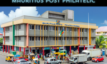 A horizontal image showcasing the Mauritius Post Philatelic Bureau in its full view, without cropping the sides. The scene includes local people and vehicles, capturing the vibrant life in Mauritius. The building is designed in a modern style with tropical influences, featuring bright colors and large windows. It's a two-story structure with the name 'Mauritius Post Philatelic Bureau' visibly displayed. The streets around are bustling with locals in colorful attire, some walking, others interacting near the building. Various local vehicles, like cars and bicycles, are present, depicting everyday transportation. A Mauritian flag is prominently displayed, either on a flagpole or on the building, symbolizing national pride. The tropical setting is further emphasized by palm trees and clear blue skies.