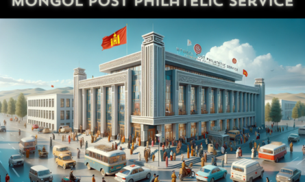 A horizontal image of the Mongol Post Philatelic Service building, including local people, vehicles, and the Mongolian flag. The building showcases a blend of modern architecture with traditional Mongolian elements, featuring a flat roof and large glass windows. The structure is adorned with distinctive Mongolian designs, creating a unique aesthetic. The scene is vibrant, with local people in a mix of traditional Mongolian attire and modern clothes, capturing the cultural diversity of Mongolia. They are seen walking, talking, and engaging in daily activities near the building. The streets are filled with typical Mongolian vehicles like cars and motorcycles. The Mongolian flag is prominently displayed, adding a sense of national pride. The sky is clear, reflecting the vastness of the Mongolian landscape.