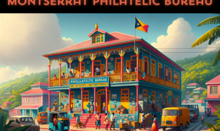 A horizontal image depicting the Montserrat Philatelic Bureau, bustling with local activity. The building is designed in a Caribbean architectural style, with colorful façades, large windows, and a welcoming front porch. It's a one-story structure, painted in bright, tropical colors, reflecting the vibrant culture of Montserrat. In the scene, local people are seen in casual Caribbean attire, going about their daily lives, some entering and exiting the bureau. Nearby, there are typical Caribbean vehicles like small cars and scooters. A Montserrat flag is prominently displayed, either on a flagpole or on the building, showcasing national pride. The setting is a lively street on the island, surrounded by lush greenery and a clear blue sky.