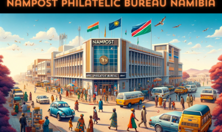 A horizontal image of the NamPost Philatelic Bureau in Namibia, including local people, vehicles, and the Namibian flag. The setting is vibrant and depicts daily life in an urban Namibian environment. The street is bustling with local people dressed in a mix of traditional African attire and modern clothing, engaging in various activities like walking, talking, and interacting near the building. The area is populated with typical Namibian vehicles, including cars and minibuses, adding to the lively atmosphere. The Namibian flag is prominently displayed, either on a flagpole or on the building, symbolizing national identity. The NamPost Philatelic Bureau building itself reflects a modern African architectural style, with clean lines and large windows, set against a clear blue sky.