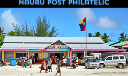 A horizontal image of the Nauru Post Philatelic building, featuring local people, vehicles, and the Nauru flag. The building is a blend of modern and Pacific Island architectural styles, with a single-story structure, colorful facade, and a flat roof. Around the building, there are local Nauruans in a mix of traditional Pacific attire and modern clothes. They are engaged in various activities such as walking, talking, and some are entering or leaving the building. The street is lined with typical small island vehicles, like compact cars and scooters. The Nauru flag is prominently displayed, either on a flagpole or on the building, symbolizing national identity. The setting is a small island urban area, with tropical trees and a bright, sunny sky.