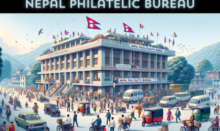 A horizontal image of the Nepal Philatelic Bureau in Nepal, bustling with local activity. The scene includes people in traditional Nepalese attire as well as modern clothing, reflecting the cultural diversity of Nepal. They are seen walking, engaging in conversations, and some are interacting near the building, depicting a typical day in an urban area of Nepal. Various local vehicles like motorcycles, bicycles, and small cars are present, adding a sense of movement and everyday life. The Nepalese flag is prominently displayed, either on a flagpole or on the building, symbolizing national pride. The building itself blends modern and traditional Nepalese architectural elements, with a two-story structure featuring local design aesthetics under a clear sky.