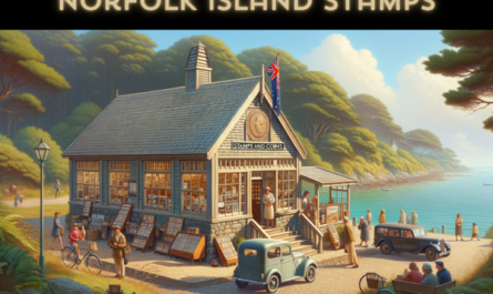 A horizontal image depicting the 'Norfolk Island Stamps and Coins' building on Norfolk Island. The building is a quaint, single-story structure with a rustic charm, featuring a combination of wooden and stone elements. It has large display windows and a welcoming entrance. The scene is lively with locals and tourists, some browsing through displayed items and others just walking by. Nearby, there are typical Norfolk Island vehicles like small cars and bicycles, adding a sense of local life. The Norfolk Island flag is displayed prominently, either on a flagpole or on the building, symbolizing the island's unique heritage. The setting is serene, with lush greenery typical of Norfolk Island, under a clear blue sky.