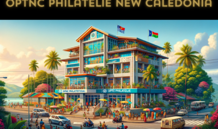 A horizontal image depicting the OPTNC Philatélie building in New Caledonia, bustling with local life. The building itself reflects a unique blend of French and South Pacific architectural styles, with bright, tropical colors and a modern design. It's a two-story structure with large windows and a prominent entrance. The scene around the building is vibrant with local New Caledonian people in a mix of traditional Melanesian and modern attire. There are various local vehicles, such as cars and scooters, parked or moving along the street. The New Caledonian flag is displayed prominently, adding a touch of local pride to the scene. The backdrop includes tropical trees and a clear sky, typical of the South Pacific island atmosphere.