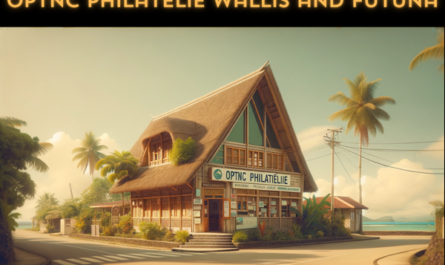 A horizontal image depicting the OPTNC Philatélie building from Wallis and Futuna. This building showcases a unique blend of traditional Pacific Island and modern architectural styles. It's a one-story structure with a sloping, thatched roof and walls made of natural materials like wood and bamboo, combined with modern elements like glass windows. The entrance is marked by a sign that reads 'OPTNC Philatélie'. The surrounding area is tropical, with palm trees and lush greenery. The sky is clear and sunny, reflecting the warm and serene atmosphere of Wallis and Futuna. The building is situated in a small, peaceful street, typical of the island's relaxed lifestyle.