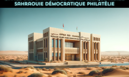 A horizontal image depicting the Office des Changes de la République Arabe Sahraouie Démocratique Philatélie building in Western Sahara. The building showcases a blend of modern and Sahrawi architectural styles. It is a two-story structure with flat roofs and is made from local sand-colored materials, featuring large windows and a simple, elegant design. The entrance is prominently marked with a sign displaying the name 'Office des Changes de la République Arabe Sahraouie Démocratique Philatélie.' The setting is a desert urban landscape, with sparse vegetation and a clear blue sky. The building stands out as a symbol of modernity in the stark, beautiful desert surroundings.