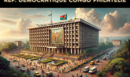 A wide, horizontal image capturing the entire scene of the Office des Postes et Télécommunications de la République Démocratique du Congo Philatélie. This building is a magnificent example of African modernist architecture, combining both functionality and aesthetic appeal. It's a large, multi-story structure with a flat roof, large windows, and walls adorned with art reflecting Congolese culture. The front of the building is bustling with activity: local people in a mix of traditional Congolese and modern clothing are walking, talking, and going about their daily lives. There are various local vehicles parked and driving by, including motorcycles, small cars, and buses. Prominently featured in the scene is the flag of the Democratic Republic of the Congo, either flying on a flagpole or displayed on the building, symbolizing national pride. The surroundings are vibrant, with urban life and greenery blending seamlessly.