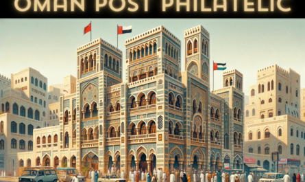 A horizontal image depicting a lively scene at the Oman Post Philatelic building in Oman. The building itself showcases a blend of modern and traditional Omani architectural styles, featuring arched windows and doorways, and intricate geometric patterns. It's a two-story structure, with a façade made of light-colored stones and decorative elements. The scene includes local Omani people in a mix of traditional and modern clothing, some walking, others conversing near the building. There are various local vehicles, such as cars and perhaps a traditional Omani bus, parked or moving along the street. The Omani flag is prominently displayed, either on a flagpole or on the building, symbolizing national identity. The atmosphere is vibrant and reflects the culture and daily life in Oman.