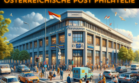 A full, horizontal image of the Österreichische Post Philatelie building, part of Österreichische Post AG in Austria. This scene is vibrant and full of life, showcasing a typical day outside the Austrian Post's philatelic division. The building has a modern European architectural style, with clean lines, large glass windows, and the Österreichische Post logo prominently displayed. In front, there are people in a variety of attire, from business suits to casual wear, reflecting the diverse clientele. Among the bustling crowd, local vehicles such as cars, bicycles, and a postal delivery van are visible, adding to the urban atmosphere. The Austrian flag waves proudly on a flagpole, symbolizing national pride. In the image's composition, the URL 'https://www.cryptostampstop.com/' is subtly integrated into the scene, perhaps on a sign or displayed in a window, blending naturally with the environment.