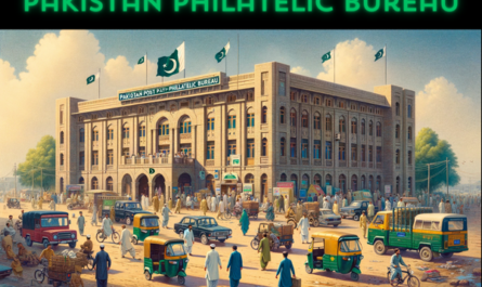 A horizontal image depicting the Pakistan Post Philatelic Bureau in Pakistan, including local people, vehicles, and the Pakistani flag. The scene captures the hustle and bustle of everyday life in an urban Pakistani setting. Local people are seen in a mix of traditional Pakistani attire and modern clothes, engaged in various activities like walking, talking, and going about their daily routines around the building. The streets are filled with typical Pakistani vehicles, such as rickshaws, motorcycles, and cars, adding a lively atmosphere to the scene. The Pakistani flag is prominently displayed, either on a flagpole or on the building itself, symbolizing national pride. The building's architecture blends modern and traditional Pakistani styles, with distinct features like ornate windows and a prominent entrance.