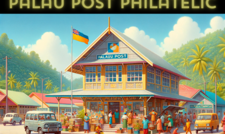 A horizontal image of the Palau Post Philatelic Service building, bustling with local activity. The building showcases a tropical, Pacific Island architectural style, with a sloping roof, large windows, and made primarily of wood. It’s a small, one-story building, painted in bright, inviting colors that reflect the vibrant culture of Palau. The scene includes local Palauan people in colorful attire, some walking and others interacting near the building. The area is lively with local vehicles, such as small cars and scooters, typical of the island's transport. Prominently featured is the flag of Palau, displayed either on a flagpole or on the building, adding a patriotic touch. The surrounding environment is lush with tropical vegetation, under a clear, sunny sky.