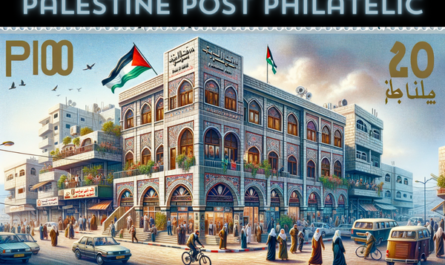 A horizontal image of the Palestine Post Philatelic building, showcasing local life in Palestine. The scene is vibrant and full of activity, with Palestinian people in a mix of traditional and contemporary attire. They are seen walking, talking, and going about their day-to-day activities in the vicinity of the building. The streets are bustling with local vehicles, including cars and bicycles, adding a sense of movement and energy to the image. Prominently displayed in the scene is the Palestinian flag, either flying on a flagpole or draped on the building, symbolizing national identity. The architecture of the building is a blend of modern and traditional Middle Eastern styles, reflecting the cultural heritage of Palestine.