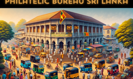 A horizontal image of the Philatelic Bureau in Sri Lanka, including local people and vehicles. The scene is vibrant and lively, reflecting the bustling atmosphere of a Sri Lankan city. Local people are depicted in a mix of traditional Sri Lankan attire and modern clothing, engaged in various activities such as walking, talking, and shopping near the building. The streets are busy with local vehicles like tuk-tuks (auto-rickshaws), bicycles, and small cars, adding to the dynamic environment. The Sri Lankan flag is prominently displayed, either on a flagpole or attached to the building, symbolizing national pride. The architecture of the building itself is a blend of modern and traditional styles, with distinctive features that reflect Sri Lankan cultural heritage.