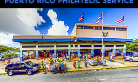 A horizontal image depicting the Philatelic Service of Puerto Rico Postal building, bustling with people and local vehicles. The building is designed in a modern Caribbean style, featuring bright, colorful facades and large windows. It's a medium-sized, two-story structure, reflecting the vibrant architectural trends of Puerto Rico. The scene is lively, with local people in a mix of tropical attire and business casual, engaging in various activities around the building. Some are entering and exiting, while others are just passing by. The street is lined with typical Puerto Rican vehicles, such as compact cars and scooters. A Puerto Rican flag is prominently displayed, either on a flagpole or on the building, symbolizing local pride. The sky is sunny with a few fluffy clouds, typical of a Caribbean atmosphere.