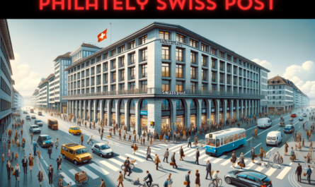 A horizontal image depicting the Philately Swiss Post building in Switzerland, bustling with people and local vehicles. The scene captures the essence of Swiss urban life. People in a mix of professional and casual attire are seen walking, engaging in conversations, and going about their daily routines. Some are entering and exiting the building, while others are simply enjoying the day. The streets are lined with typical Swiss vehicles such as compact cars and bicycles. Prominently featured is the Swiss flag, either flying on a flagpole or displayed on the building. The architecture of the building is a blend of modern and traditional Swiss styles, with clean lines, large windows, and a structured facade, set against a backdrop of a clear blue sky.