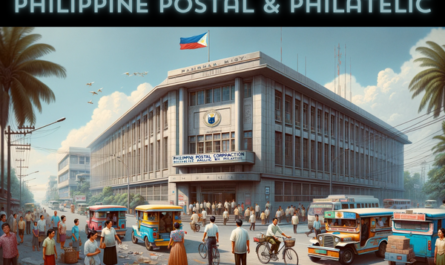 A horizontal image of the Philippine Postal Corporation Philatelic building, featuring local people, vehicles, and a Philippine flag. The scene captures a bustling urban environment in the Philippines. People in a mix of traditional Filipino and modern attire are walking, conversing, and engaging in daily activities around the building. Some are postal customers, entering and exiting the building. The street is lined with typical Filipino vehicles, such as jeepneys and tricycles, adding a local flavor to the setting. A prominent Philippine flag is displayed, possibly on a flagpole or attached to the building, symbolizing national pride. The building itself blends modern and traditional Filipino architectural styles, with large windows and distinctive design elements.