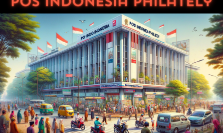 A full horizontal image of the Pos Indonesia Philately building, including local people, vehicles, and the Indonesian flag. The scene is vibrant and full, representing a typical day in urban Indonesia. The building features a modern architectural style with sleek lines and large glass windows. It's a two-story structure, with the name 'Pos Indonesia Philately' displayed prominently. The street is bustling with local Indonesian people in a mix of traditional and modern attire, some walking, some conversing. Various vehicles, including motorcycles, cars, and bicycles, are visible, reflecting the dynamic nature of Indonesian streets. The Indonesian flag is prominently displayed, adding a touch of national pride. The composition ensures that no part of the scene is cropped, capturing the full essence of the location.