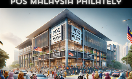 A horizontal image of the Pos Malaysia Philately building in Malaysia, fully occupying the frame without cropping. The building reflects a modern Malaysian architectural style, with sleek lines and a combination of glass and concrete elements. It's a two-story structure with a spacious entrance marked by the 'Pos Malaysia Philately' sign. The scene is vibrant and dynamic, featuring local Malaysian people in a mixture of traditional and contemporary attire. They are seen walking, talking, and engaging in various activities around the building. The street is bustling with local vehicles such as cars and motorcycles. A Malaysian flag is prominently displayed, adding a nationalistic touch. The sky is clear, and the overall atmosphere is lively and representative of Malaysian urban life.