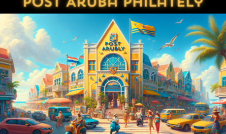 A horizontal, full-width image depicting Post Aruba Philately, ensuring the scene fills the entire frame without cropping the sides. The setting is vibrant and lively, capturing the essence of Aruba. The building embodies a blend of modern and Caribbean architectural styles, featuring bright colors and a welcoming entrance. In the foreground, local people in tropical attire and tourists mingle, reflecting Aruba's diverse and welcoming culture. Various local vehicles, such as cars and scooters, are parked or moving along the nearby road. The Aruban flag waves prominently in the scene, symbolizing national pride. The image is lively, filled with sunshine and the clear blue sky typical of Aruba. The URL 'https://www.cryptostampstop.com/' is subtly integrated into the scene, perhaps displayed on a sign or digital billboard within the bustling environment.