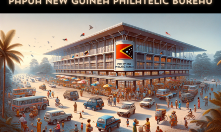 A horizontal image of the Post PNG Philatelic Bureau in Papua New Guinea, now including local people and vehicles. The scene is lively and captures the essence of Papua New Guinea's vibrant culture. Local people, dressed in a mix of traditional Papua New Guinean attire and modern clothing, are seen walking around, engaging in daily activities near the building. The area is buzzing with various local vehicles, such as cars and motorbikes, reflecting the busy life of the city. The Papua New Guinean flag is prominently displayed, adding a sense of national pride to the scene. The building itself combines modern and traditional architectural elements, with a distinctive Papua New Guinean flair, set against a backdrop of a clear, sunny sky.