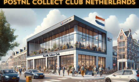 A horizontal image of the PostNL Collect Club in the Netherlands, featuring local people, vehicles, and the Dutch flag. The building is modern, with a minimalist European design, primarily using glass and steel. It's a two-story structure with large windows and a sleek, flat roof. The setting is an urban Dutch street, bustling with life. People are depicted in a mix of casual and business attire, reflecting the diverse urban population. They are walking, conversing, and some are entering or leaving the building. Nearby, typical Dutch vehicles like bicycles and compact cars are present, adding to the lively atmosphere. The Dutch flag is prominently displayed, either on a flagpole or on the building, symbolizing national pride. The sky is partly cloudy, typical of the Dutch climate.