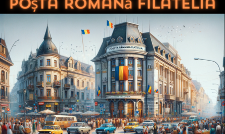 A horizontal image depicting the Poșta Română Filatelia building in Romania, enriched with local people, vehicles, and the Romanian flag. The scene is lively, capturing the essence of a bustling Romanian street. People in a mix of traditional Romanian and modern attire are seen engaging in daily activities, walking, talking, and interacting near the building. The streets are lined with various local vehicles like cars and bicycles, reflecting the active urban life. The Romanian flag is prominently displayed, symbolizing national pride, either on a flagpole or attached to the building. The building itself blends modern and historical architectural styles, characteristic of Romanian urban landscapes, with a prominent entrance displaying 'Poșta Română Filatelia'.