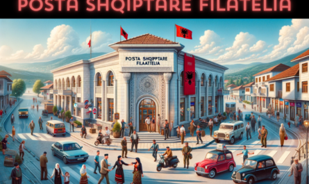 A horizontal image of the Posta Shqiptare Filatelia building in Albania, including local people and vehicles. The scene captures the vibrant street life of Albania. Local people in a mix of traditional Albanian and modern casual attire are depicted engaging in various activities, such as walking, conversing, and going about their daily routines. Some are entering and exiting the building. The street is lined with typical Albanian vehicles like cars and scooters, adding a realistic touch. Prominently displayed is the Albanian flag, either on a flagpole or hanging from the building, symbolizing national pride. The architecture of the building reflects a blend of modern and traditional Albanian styles, with characteristic features and a welcoming entrance.