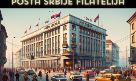 A horizontal image of the Pošta Srbije Filatelija building in Serbia, incorporating local people, vehicles, and the Serbian flag. The scene captures the essence of a busy day in Serbia, with people in a mix of traditional Serbian and modern attire. They are walking, engaging in conversation, and performing daily activities around the building. The street is bustling with typical Serbian vehicles like cars and bicycles, adding a sense of liveliness. The Serbian flag is prominently displayed, either on a flagpole or on the building itself, symbolizing national pride. The architecture of the Pošta Srbije Filatelija building is modern with a touch of traditional Serbian design, featuring a clean facade with large windows under a clear sky.