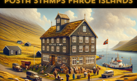 A horizontal, full-frame image of the Posta Stamps building in the Faroe Islands, including local elements. The scene captures the charm of the Faroe Islands, with the Posta Stamps building featuring traditional Nordic architecture. It's a quaint, two-story structure with a pitched roof, wooden walls painted in a distinctive color, and small, paneled windows. The setting is vibrant with local Faroese people in a mix of traditional and modern attire, reflecting the island's culture. They are seen walking and engaging near the building. Also included are typical Faroese vehicles like small cars and fishing boats nearby, indicative of the island's lifestyle. The Faroe Islands flag is prominently displayed, adding a sense of local pride. The surrounding landscape is rugged with grassy hills and a view of the North Atlantic Ocean in the background.