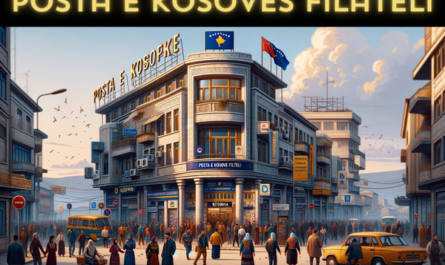 A full horizontal image of the Posta e Kosovës Filateli building, also known as Posta Kosovo, without any cropping on the sides. The scene is lively and full, depicting an average day in urban Kosovo. Local people are seen in the image, some in traditional Kosovo attire and others in modern clothing, reflecting the cultural diversity of the region. They are engaged in various activities like walking, talking, and interacting near the building. The streets are bustling with local vehicles such as cars and bicycles, adding a sense of motion and everyday life. The Kosovo flag is prominently displayed, either on a flagpole or attached to the building, symbolizing national identity. The architecture of the building combines modern and traditional Balkan styles, with clear signage reading 'Posta e Kosovës Filateli - Posta Kosovo'.