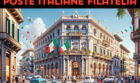 A full-width horizontal image of the Poste Italiane Filatelia building in Italy, vividly capturing local life with people, vehicles, and the Italian flag. The architecture is distinctly Italian, showcasing elegant facades with classic Romanesque features. The bustling street scene includes Italians in a variety of attire, from fashionable modern clothes to traditional outfits, reflecting Italy's rich cultural diversity. The street is lined with typical Italian vehicles, including stylish scooters and compact cars, adding a dynamic urban feel. The Italian flag is prominently displayed, fluttering in the breeze, symbolizing national pride. This image offers a broad, vibrant view of the setting, fully utilizing the horizontal space to showcase the lively Italian atmosphere.