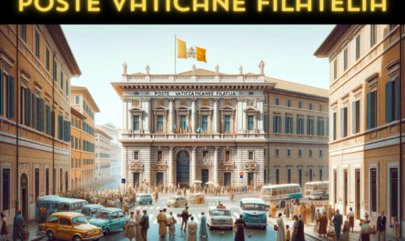 A horizontal image depicting the Poste Vaticane Filatelia building, now bustling with local people, vehicles, and a Vatican flag. The scene captures the unique atmosphere of Vatican City. There are groups of people, including tourists and locals, some in religious attire, walking and conversing near the building. The street is lined with small, distinctive European-style vehicles and Vatican postal service vans. The architecture of the building is elegant and historic, typical of Vatican City, with stone walls and ornate detailing. Prominently displayed is the flag of Vatican City, adding a touch of sovereignty and religious significance to the scene. The day is sunny with a clear sky, highlighting the beauty of the building and its surroundings.