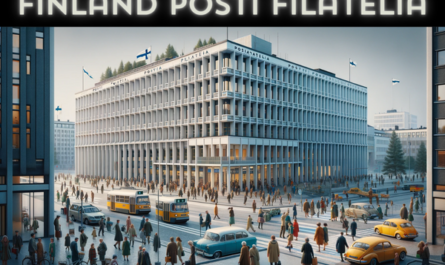 A horizontal image of the Posti Filatelia building in Finland, filling the entire frame without cropping the sides. The scene is bustling with Finnish urban life. Local Finnish people, dressed in a mix of seasonal attire suitable for Finland's climate, are seen walking, conversing, and engaging in their daily routines around the building. Some are entering and exiting the Posti Filatelia building. The street is lined with typical Finnish vehicles, such as cars and bicycles, reflecting the local transportation. Prominently, the Finnish flag is displayed, either on a flagpole or attached to the building, symbolizing national pride. The building itself is modern with a Nordic architectural design, featuring clean lines, large windows, and a functional yet aesthetic structure.