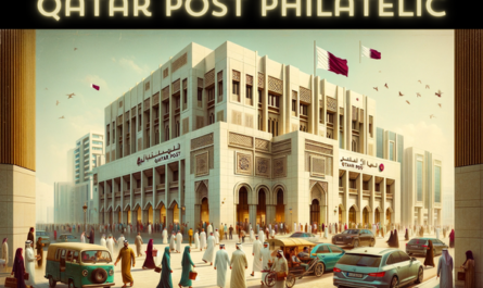 A horizontal image of the Qatar Post Philatelic building, bustling with local life. The scene captures the essence of a day in urban Qatar, with local people in a blend of traditional Qatari attire and modern clothing. They are walking, engaged in conversations, and going about their daily activities around the building. The street is active with typical Qatari vehicles, including luxury cars and traditional modes of transport, reflecting the affluent and culturally rich environment. Prominently featured in the scene is the Qatari flag, either flying on a flagpole or displayed on the building. The architecture of the building blends modern and traditional Arabic styles, with distinctive features such as geometric patterns and large windows.