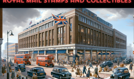 A horizontal image of the Royal Mail Stamps and Collectibles building in the United Kingdom, including local people and vehicles. The scene is set in a busy urban area, with British people in a mix of contemporary and traditional attire. They are seen walking, conversing, and carrying out daily activities around the building. The streets are filled with typical British vehicles like double-decker buses, black taxis, and personal cars, adding a lively atmosphere to the scene. The Union Jack, the flag of the United Kingdom, is prominently displayed, either on a flagpole or on the building, symbolizing national identity. The building itself is a blend of classic British architecture with modern elements, featuring brickwork and large windows under a cloudy British sky.