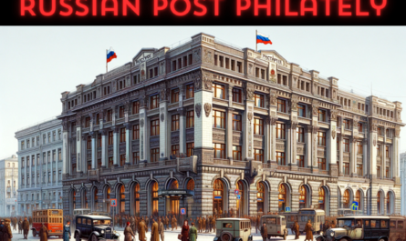 A horizontal image depicting the Russian Post Philately building with local people, vehicles, and the Russian flag. The building has a classic Russian architectural style, featuring a combination of ornate details and modern elements. It's a large, multi-story structure with stone walls and large windows. The scene around the building is bustling with activity, showing local Russians in various attire. Some are walking by, others are standing and conversing. The street is filled with typical Russian vehicles like cars and city buses. The Russian flag is prominently displayed, either flying on a flagpole or draped on the building, symbolizing national pride. The atmosphere is lively and typical of a busy Russian urban area.