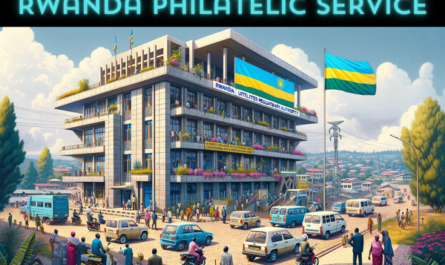 A horizontal image of the Rwanda Utilities Regulatory Authority Philatelic building, including local people, vehicles, and a Rwandan flag. The scene depicts the vibrant daily life in Rwanda. Local people in a mix of traditional Rwandan and modern attire are seen engaging in various activities, some walking and others interacting near the building. The street is bustling with local vehicles such as motorcycles and compact cars, reflecting the lively urban environment. The Rwandan flag is prominently displayed, either on a flagpole or on the building, symbolizing national pride. The building itself combines modern and traditional Rwandan architectural elements, with a unique design that stands out in the urban landscape, under a clear, bright sky.